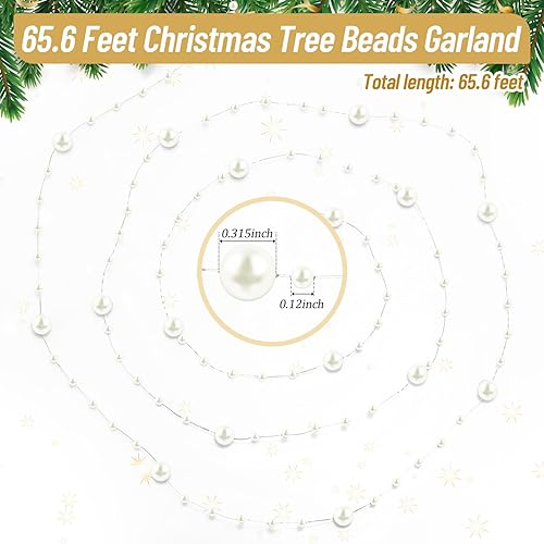 Miniatura 2 de Pangda Guirnalda de cuentas de árbol de Navidad de 65.6 pies, cadena de hilos de perlas de plástico para decoración de bodas de Navidad (marfil)