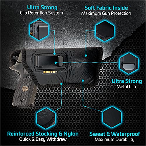Houston Gun Holsters - Eco Leather Concealed Carry Soft Material | Fits Most Mid & Full Sizes, Like Glk 17/22, 19/23, S&W M&P, Beretta 92, Rgr With Laser O Flashlight (With Laser) (Right), Black #TOP1