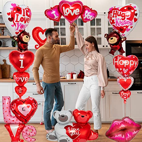 12 Pieces Valentines Day Balloons, Large I Love You Foil Balloons, Romantic Red Heart Shape, Lip Mylar Balloons For Special Night Party Decorations #TOP4