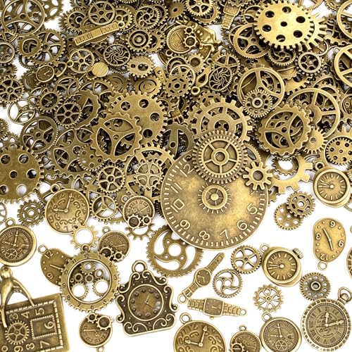 Cutextris 300 Gram Bulk Mixed Antique Bronze Steampunk Gear Charms - Assorted Metal Clock Watch Cog Wheels Pendants for DIY Necklace Bracelet Jewelry Making & Crafting