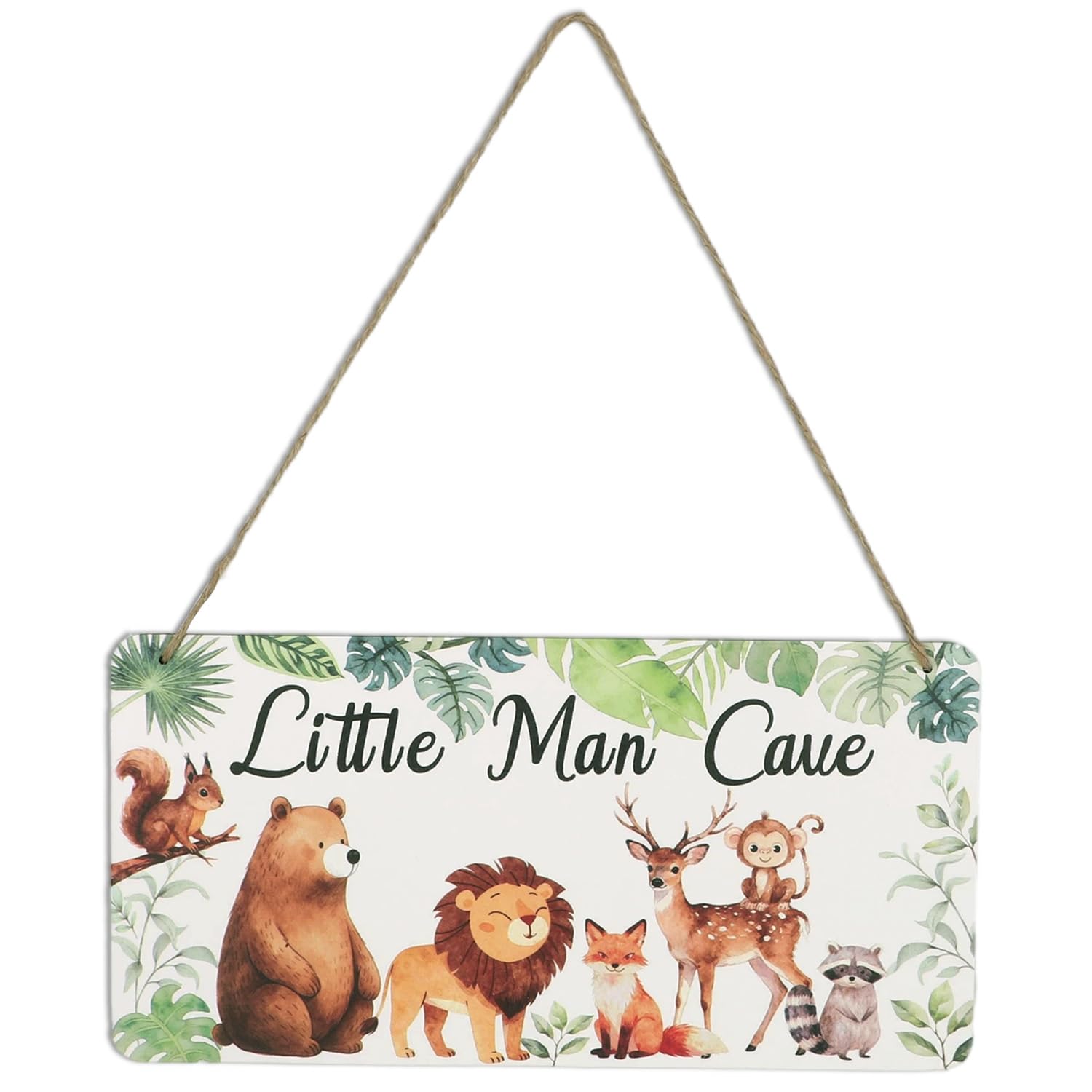 Wooden Little Man Cave Sign, 30x15cm/11.81x5.9in Jungle Safari Animal Theme Little Man Cave Sign Plaque Hanging Wood Decoration for Toddler Boy Nursery Bedroom Accessories