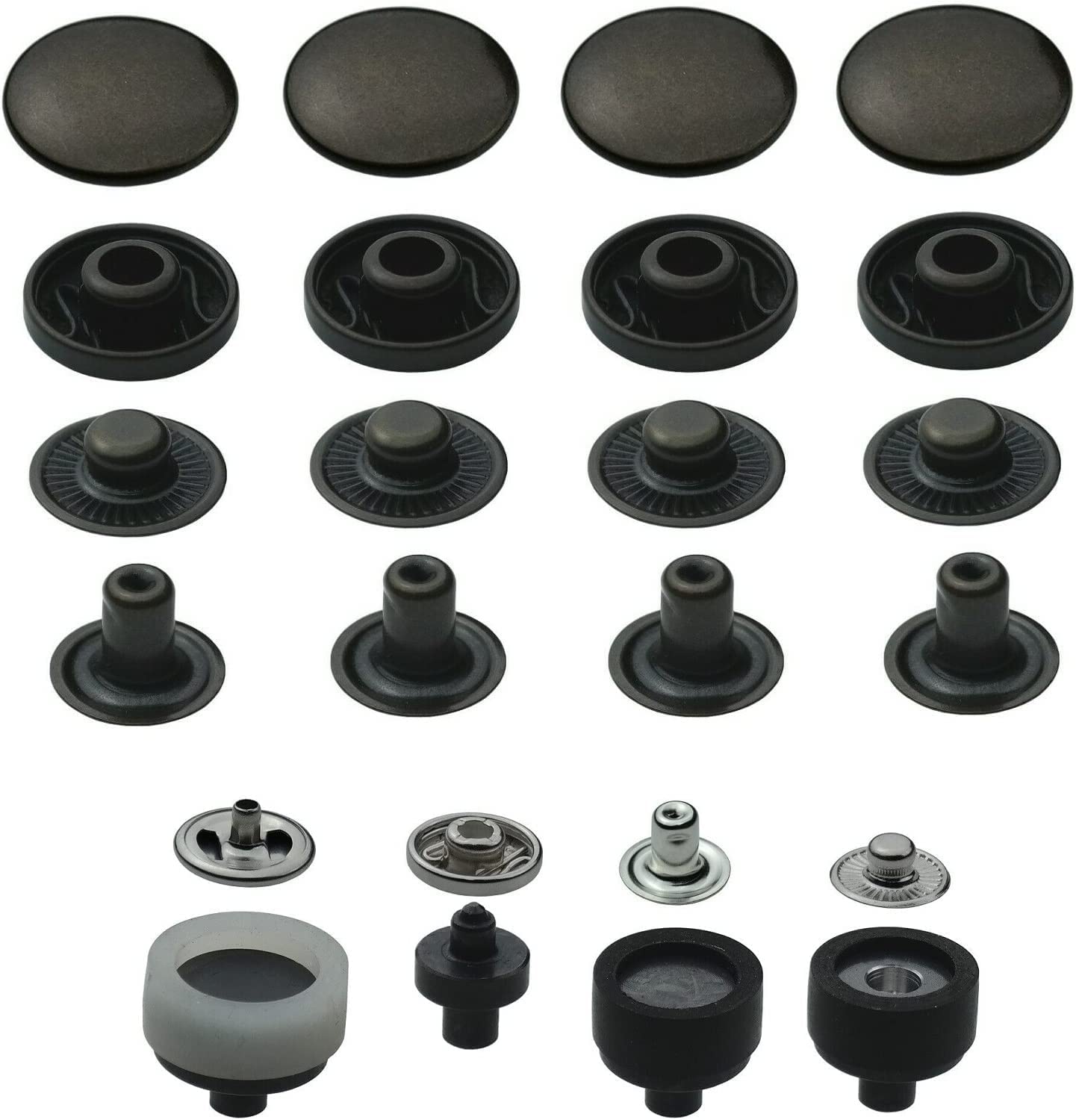 Botones de presión de resorte S de 15 mm + herramienta a juego compatible con pinzas Prym Vario, botones de metal, botones inoxidables, cierre de resorte en S (50 unidades)