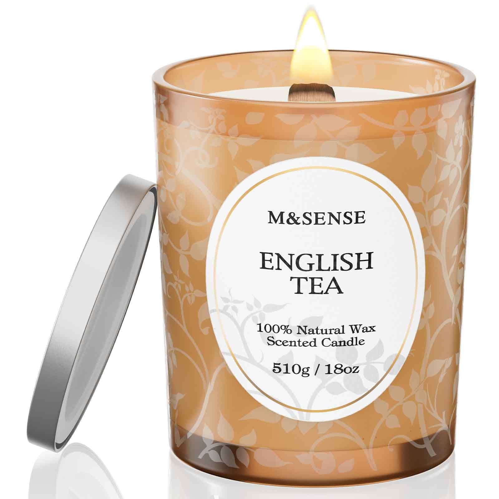 M&SENSE English Tea Soy Candle, Cracking Wooden Wick 18oz 100 Hours Long Lasting Clean Burn, Large Jar Winter Aromatherapy Candle for Home Decor,