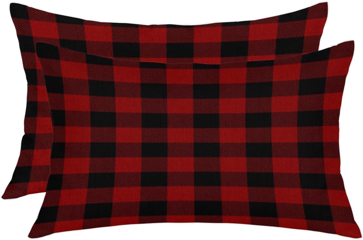 Red Black Buffalo Plaid Throw Pillow Covers Set of 2 12x24 Inch Decorative Cushion Case Modern Farmhouse Breathable Pillowcase for Couch Sofa Bed Car Living Room Home Decor