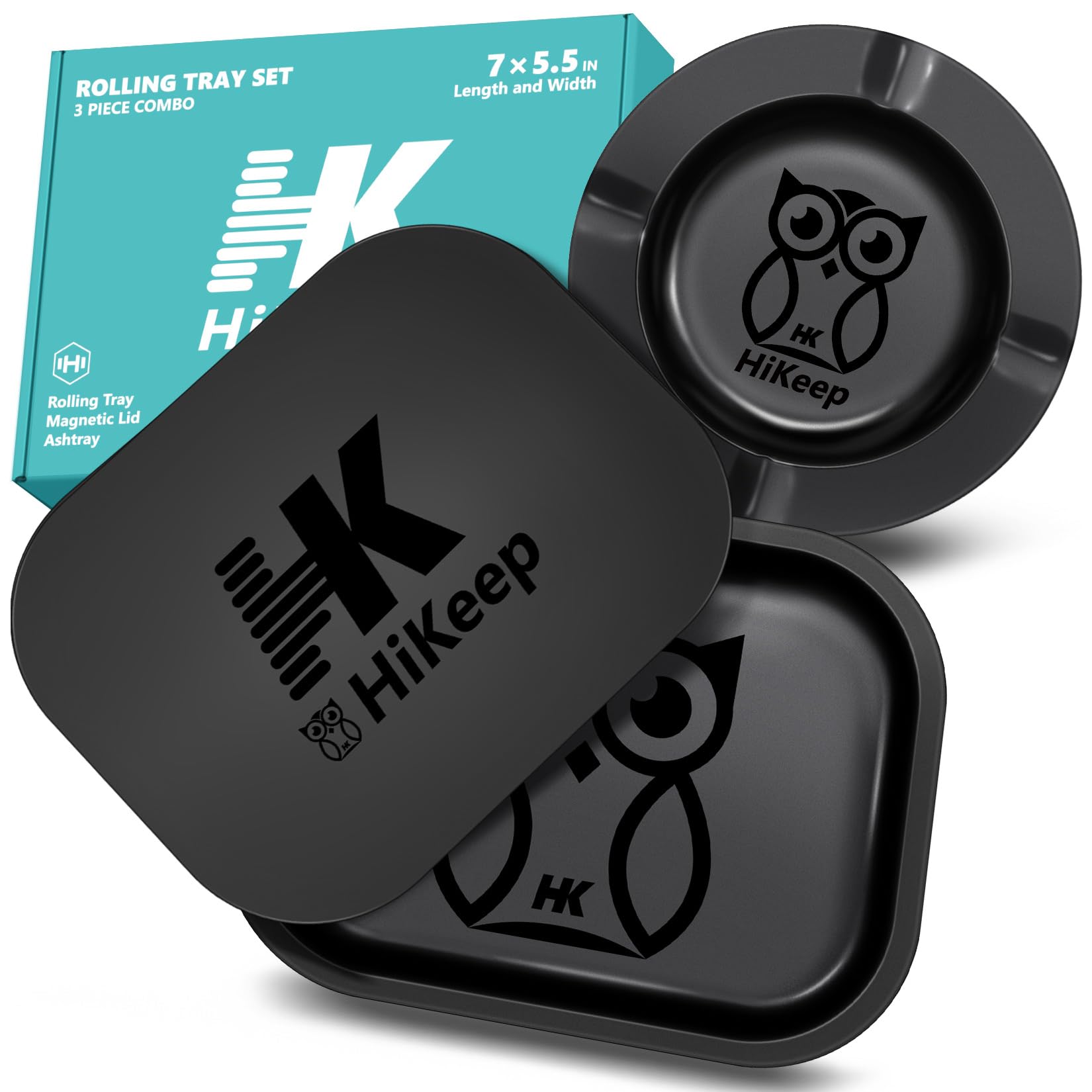 HiKeep Rolling Tray Set of 3, Matte Metal Rolling Tray with PVC Soft Magnetic Lid - 7 x 5.5, Ashtray - 5.8" (Owl Design)