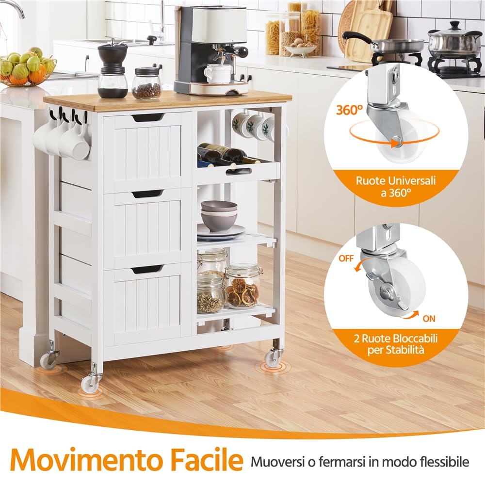 Yaheetech Carrello Cucina con Ruote 3 Cassetti 3 Ripiani in Legno Salvaspazio Bianco Porta Microonde Spezie 67cm x 37cm x 84,5 cm