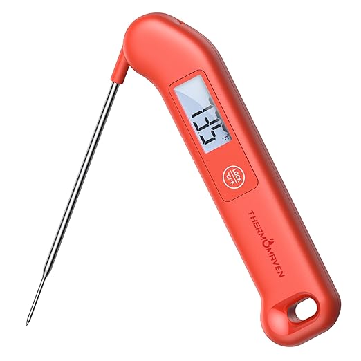 Professional Meat Thermometer Digital, ±0.5℉ NIST Certified Accuracy, Instant Read Food Thermometer for Cooking Grill, 100% Waterproof, Auto-Rotate Backlit Display, Motion-Sensing On/Off, Red