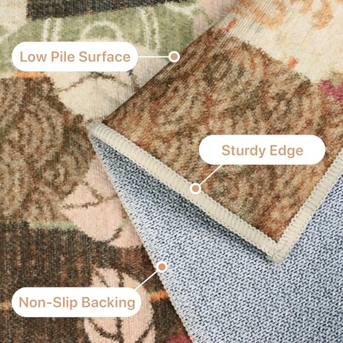 GENIMO Floral Runner Rug 2X6, Machine Washable Non Slip Vintage Patchwork Hallway Runner, Ultra-Thin Low Pile Runners for Indoor Entryway, Hallway, Kitchen and Corridor, Auburn Cinnamon