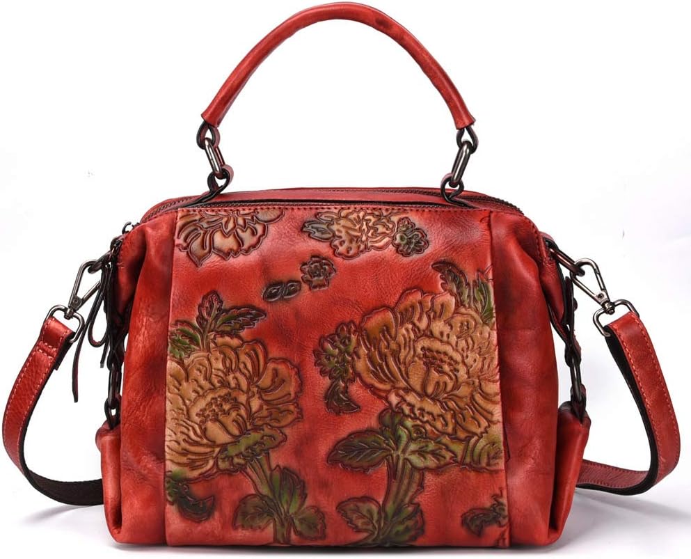 Women's Retro Organizer Genuine Leather Satchel Vintage Embossing Vegetable Tanning Shoulder Bag