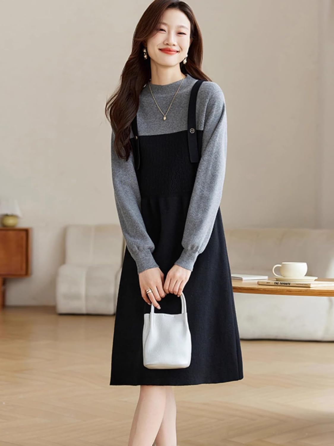 LIXINGHEITANG Knitted Cashmere Dress Women's Autumn and Winter mid-Length Two- Woolen Skirt