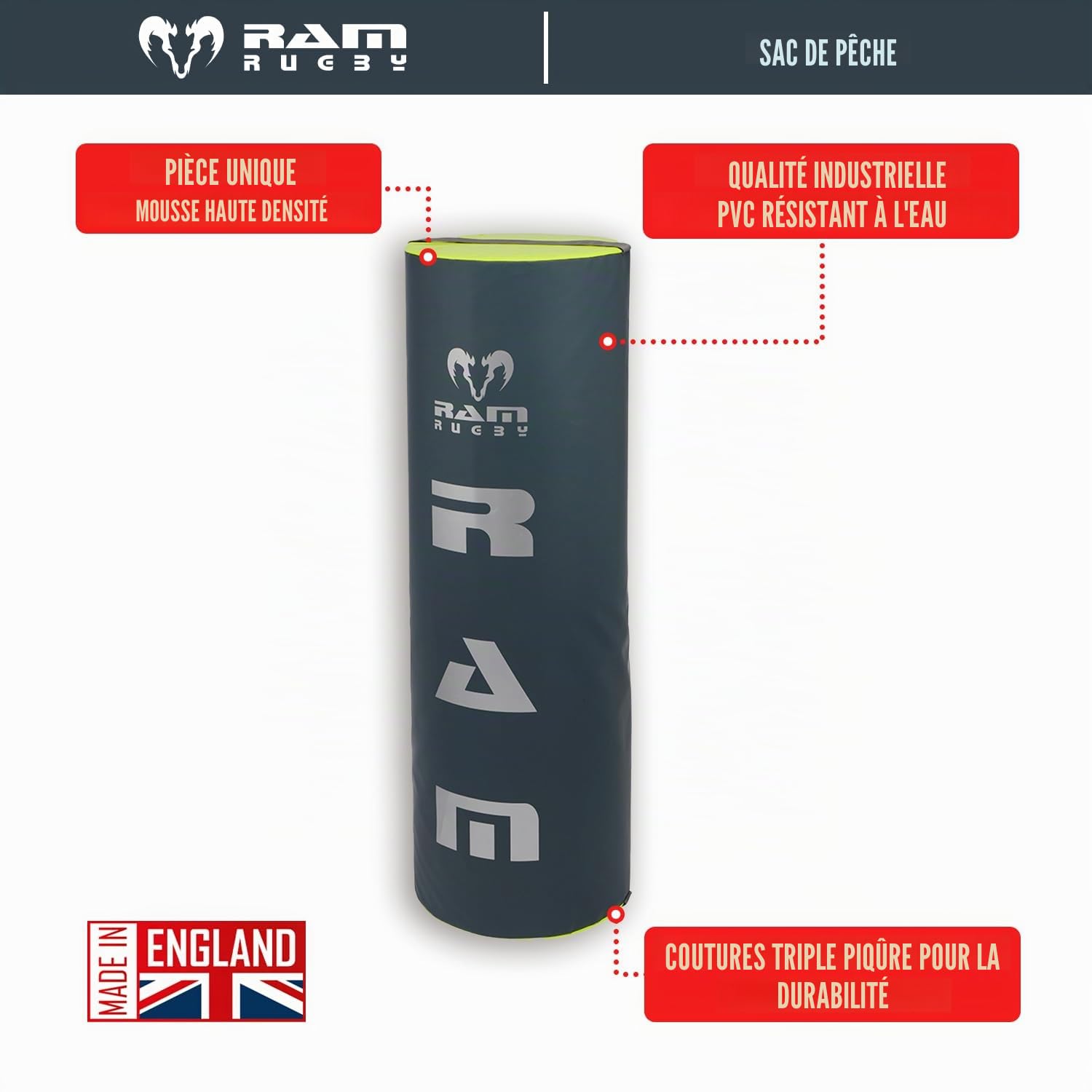 Ram Rugby Sac de pêche – 5 tailles – 28 kg, 20 kg, 15 kg, 10 kg ou 8 kg – Qualité club – PVC résistant à l'eau de qualité industrielle – Fabriqué au Royaume-Uni pour plus de durabilité – Convient pour