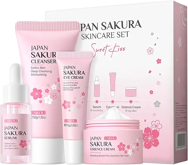LAIKOU Skincare Set: 4-Piece Sakura Face Care Kit with Cleanser, Serum, Eye Cream & Cream