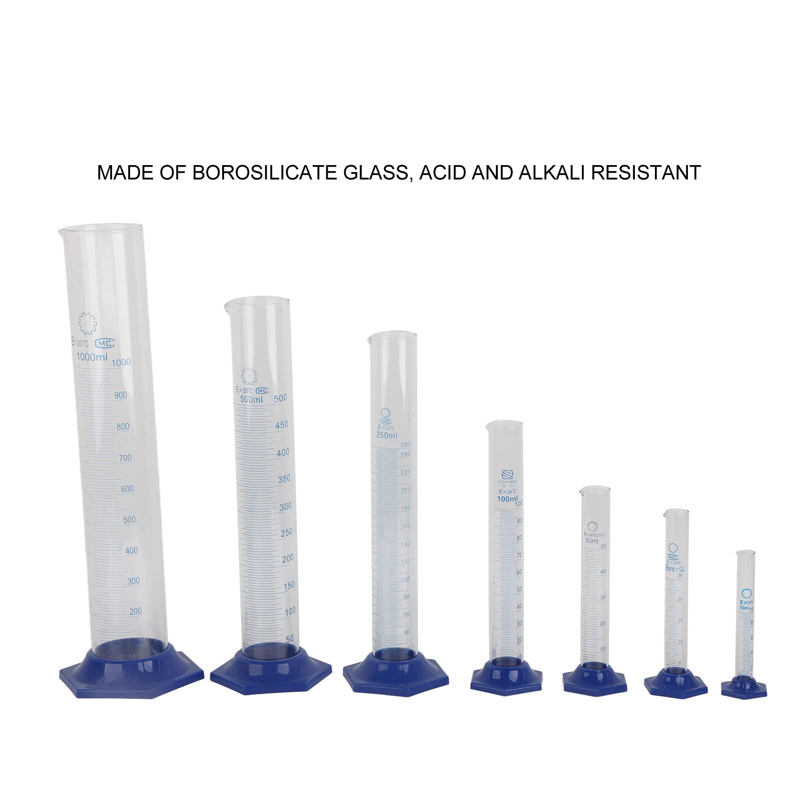 Cylindre gradué, Cylindre en Verre 7 Pièces Cylindre de Mesure D'expérience Cylindre gradué en Verre Borosilicate Ustensiles de Laboratoire