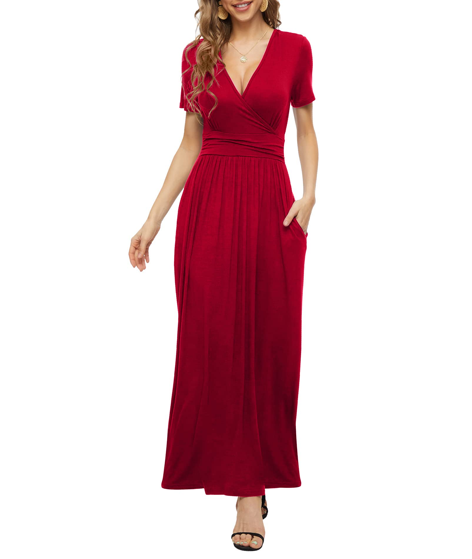 PCEAIIHWomen's Casual Sleeveless/Long Sleeve/Short Sleeve Deep V Maxi Dress Loose Long Dresses with Pockets