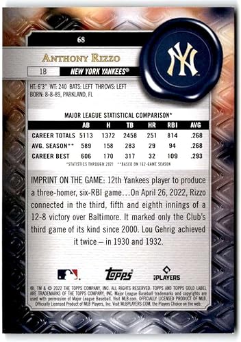 Miniatura 2 de Baseball Trading Card MLB 2022 Topps Gold Label Class 1#68 Anthony Rizzo NM Near Mint Yankees