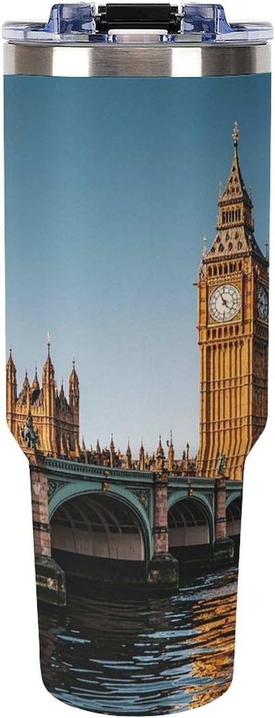 Big Ben And Houses of Parliament Riverside Travel Coffee Mug Reusable Durable Stainless Steel Insulated Tumbler with Handle And Straw Leak Resistant Portable Thermal Cup Gifts for Men Women 40 Oz