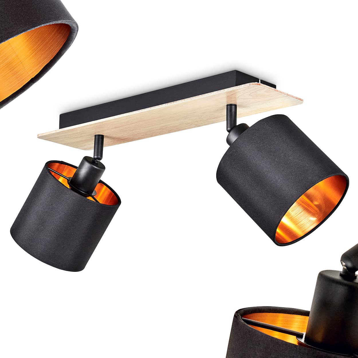 Alsen Ceiling Light, Modern Ceiling lamp Made of Wood/Metal/Fabric in Light Brown/Black/Copper, Scandinavian Design Light with Adjustable lampshades, 2-Flame, 2 x E14, Bulbs not Included