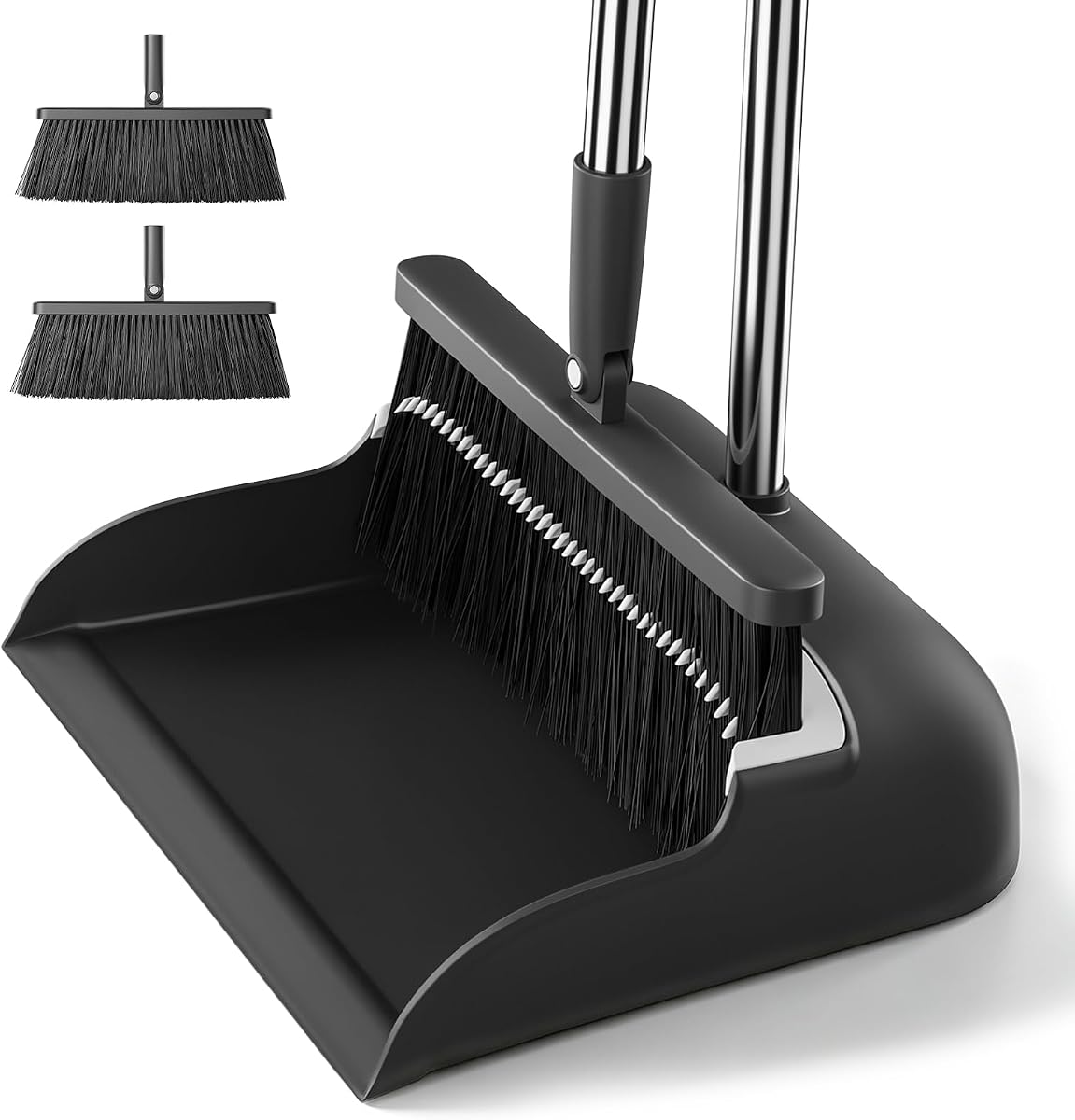 MOPALL Broom with Dustpan Combo Set with 53" Long Handle Inc 2 Broom Heads | Self-Cleaning Dustpan Teeth, 180° Swivel Brooms Head, Angled Bristle, Standing Dustpan for Sweeping Indoor Dog Cat Pets Hair