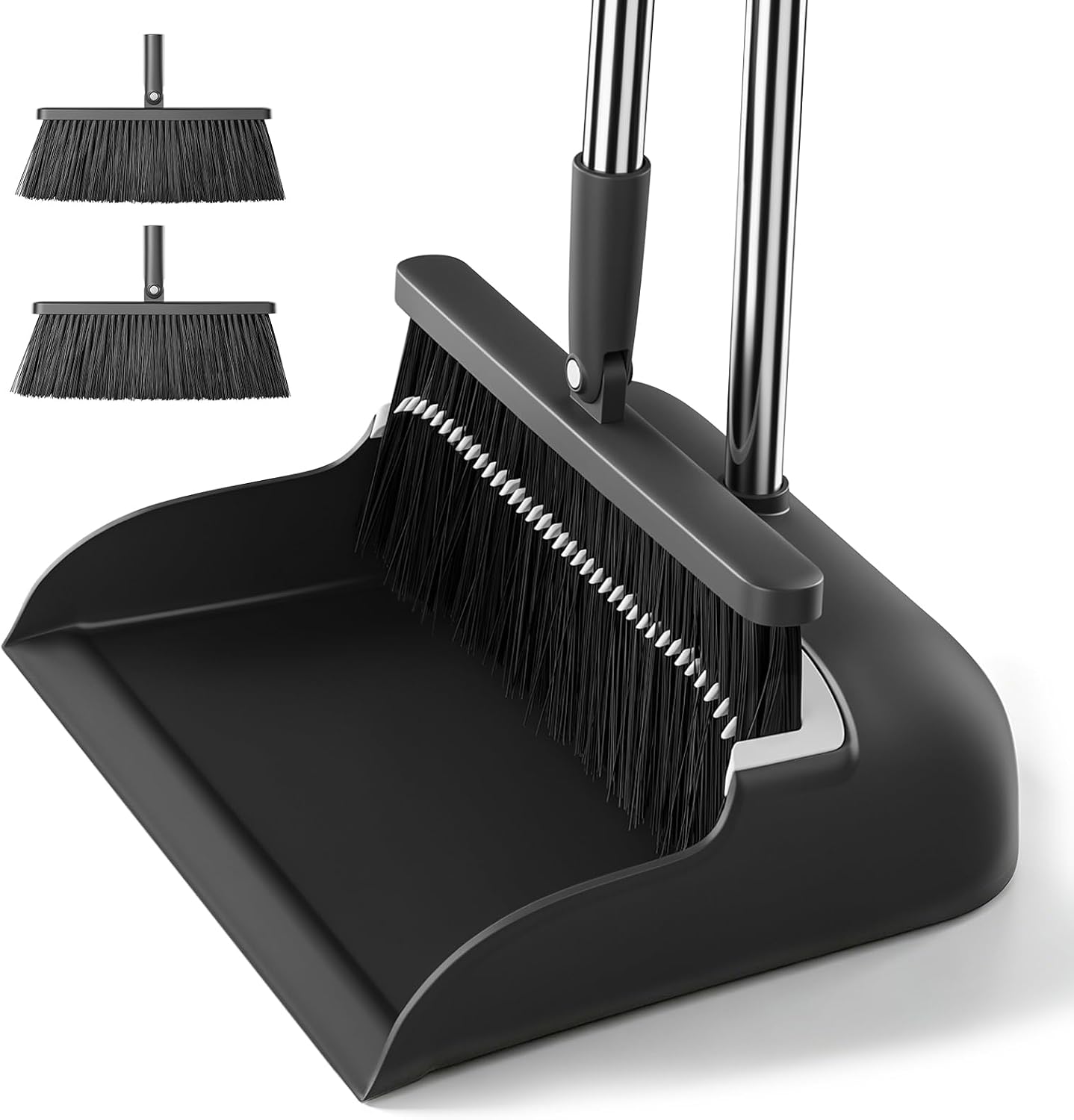 MOPALL Broom with Dustpan Combo Set for Sweeping Indoor Dog Cat Pets Hair | 53" Extra Long Handle, Self-Cleaning Dustpan Teeth, 180° Swivel Brooms Head, Soft Bristles, Includes 2 Broom Heads