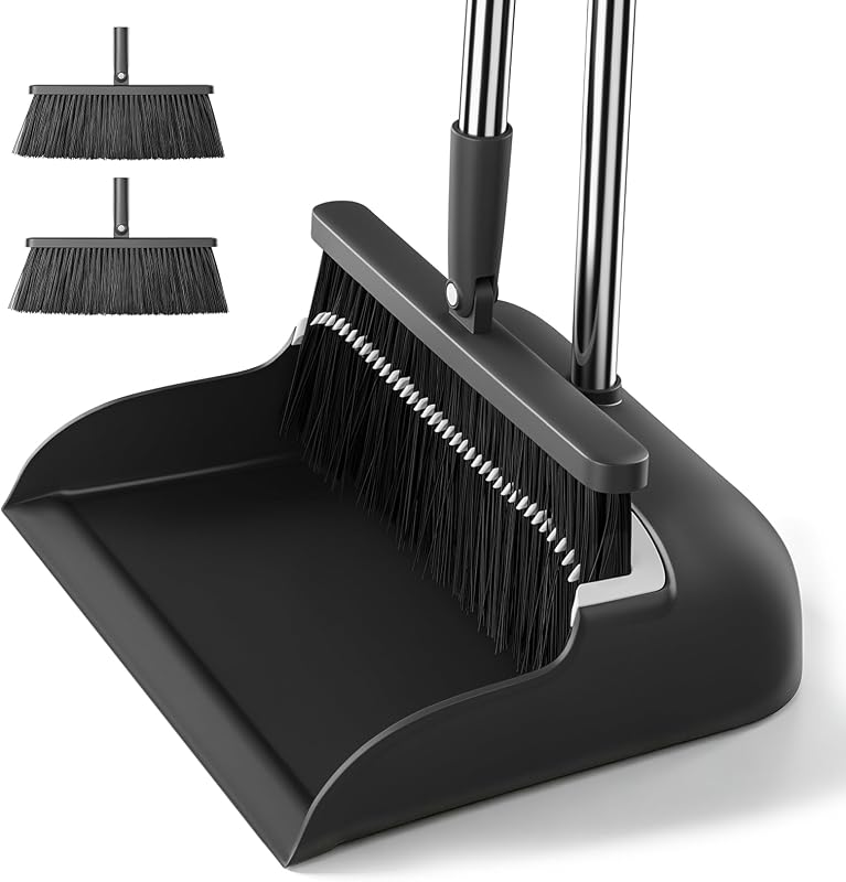 MOPALL Broom with Dustpan Combo Set with 53" Long Handle Inc 2 Broom Heads | Self-Cleaning Dustpan Teeth, 180° Swivel Brooms Head, Angled Bristle, Standing Dustpan for Sweeping Indoor Dog Cat Pets Hair