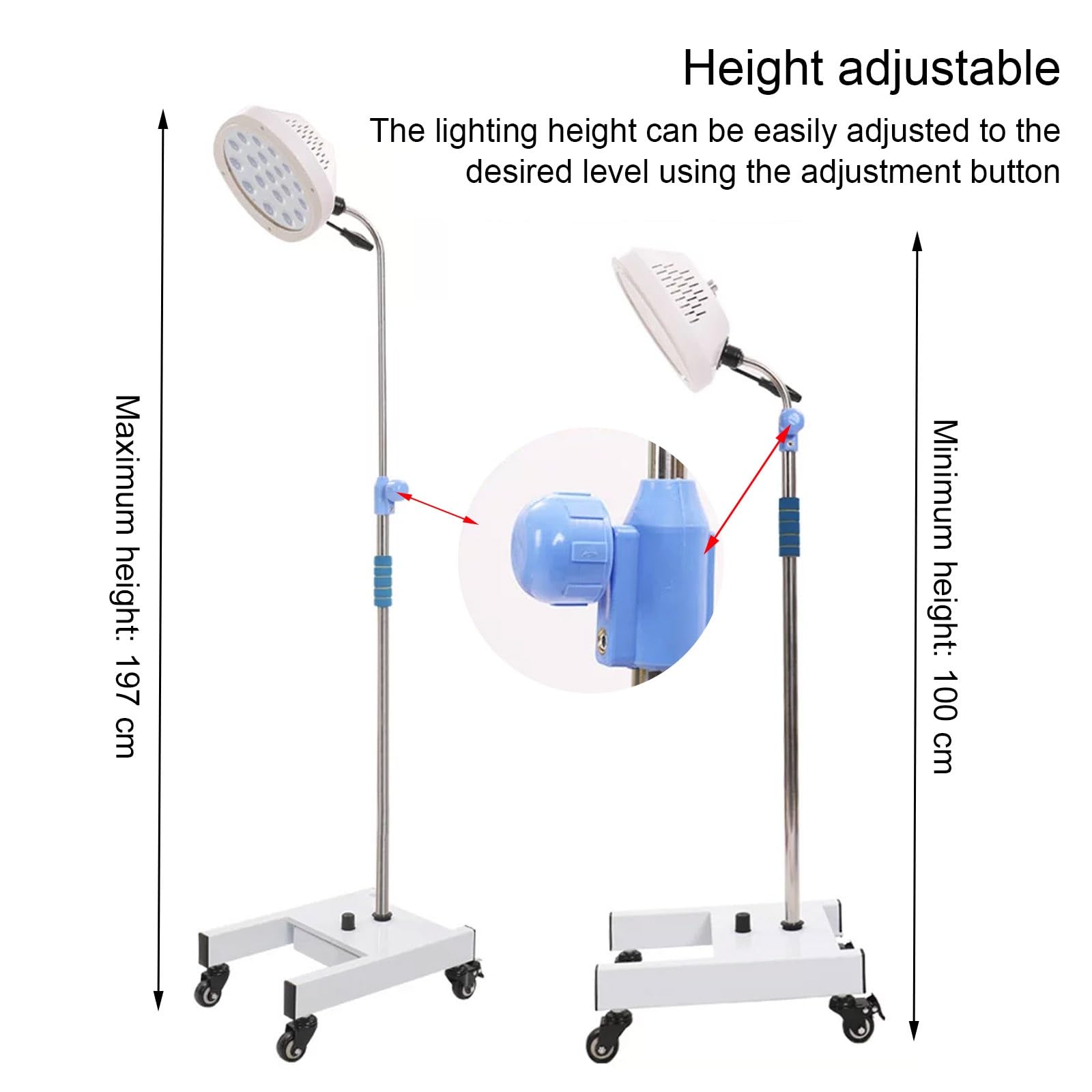 Luz LED para examen quirúrgico, brillo y altura ajustables, luz de pie sin sombras con ruedas y ángulo ajustable para uso médico