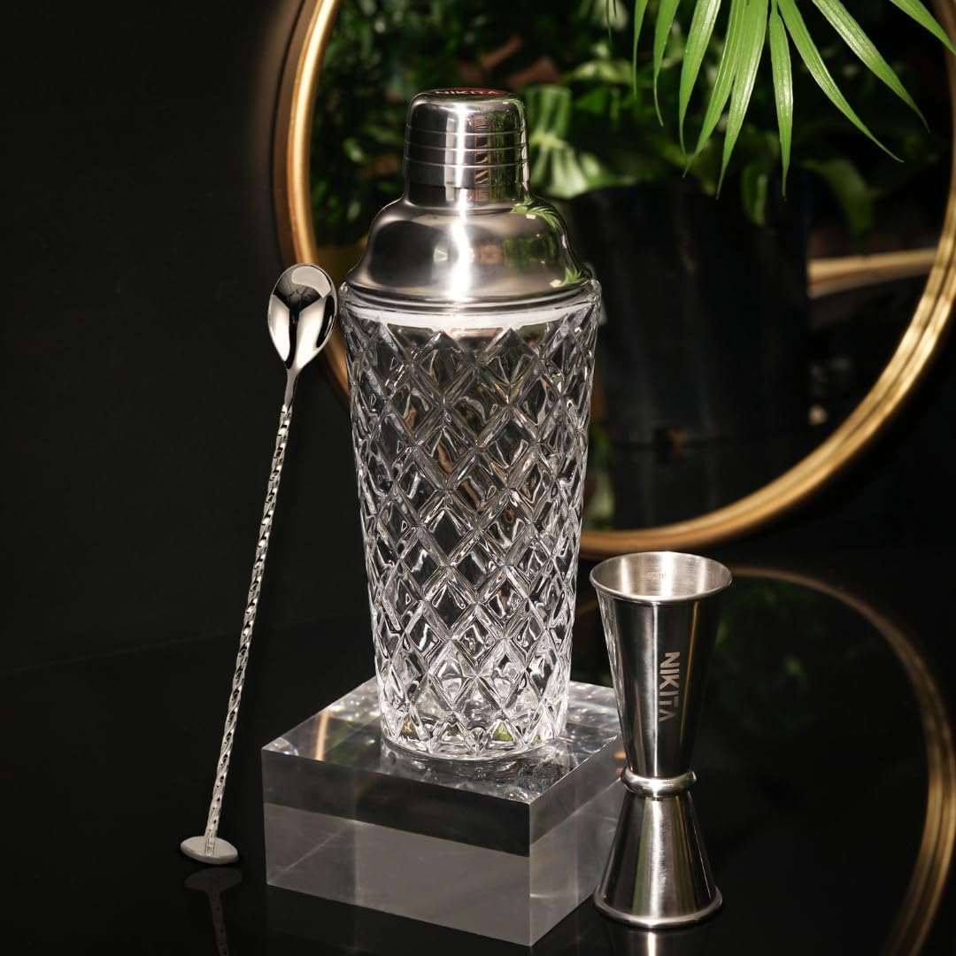 Glass Cocktail Shaker Set, 5 Piece, Silver Martini Shaker Set including Strainer, Jigger, Spoon & Muddler - Image 2