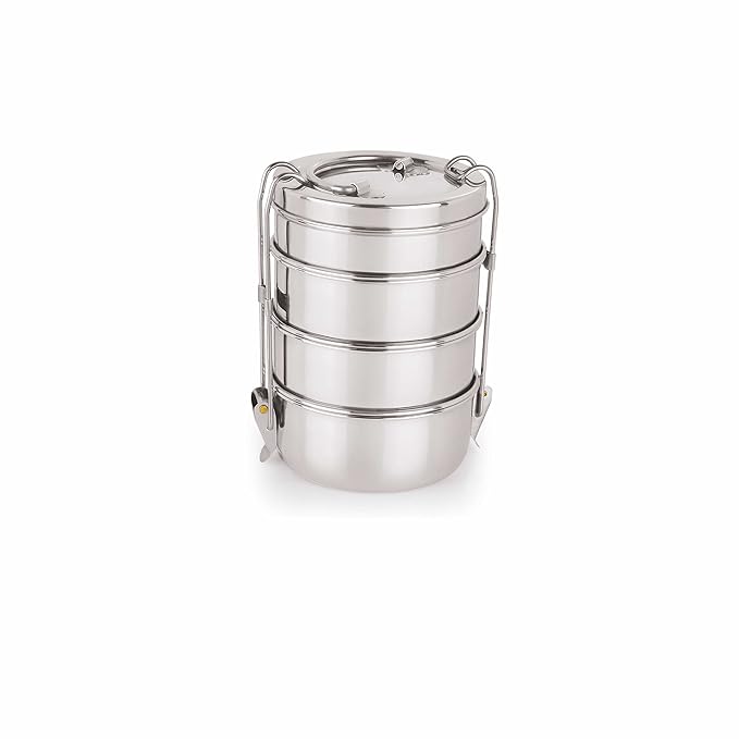 neelam Stainless Steel Lunch Box/Tiffin with Locking Clip, 4-Tier Container, 2100 ml, Hot & Cold Leak-Proof, Compact & Durable, Perfect for Office, School, Picnic and Travel, Silver