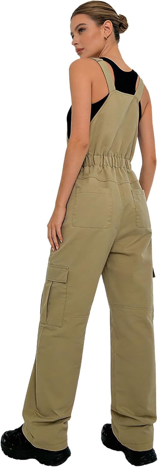 FEESHOW Women's Bib Overalls Adjustable Strap Straight Leg Jumpsuit Front Zipper Romper for Daily Casual