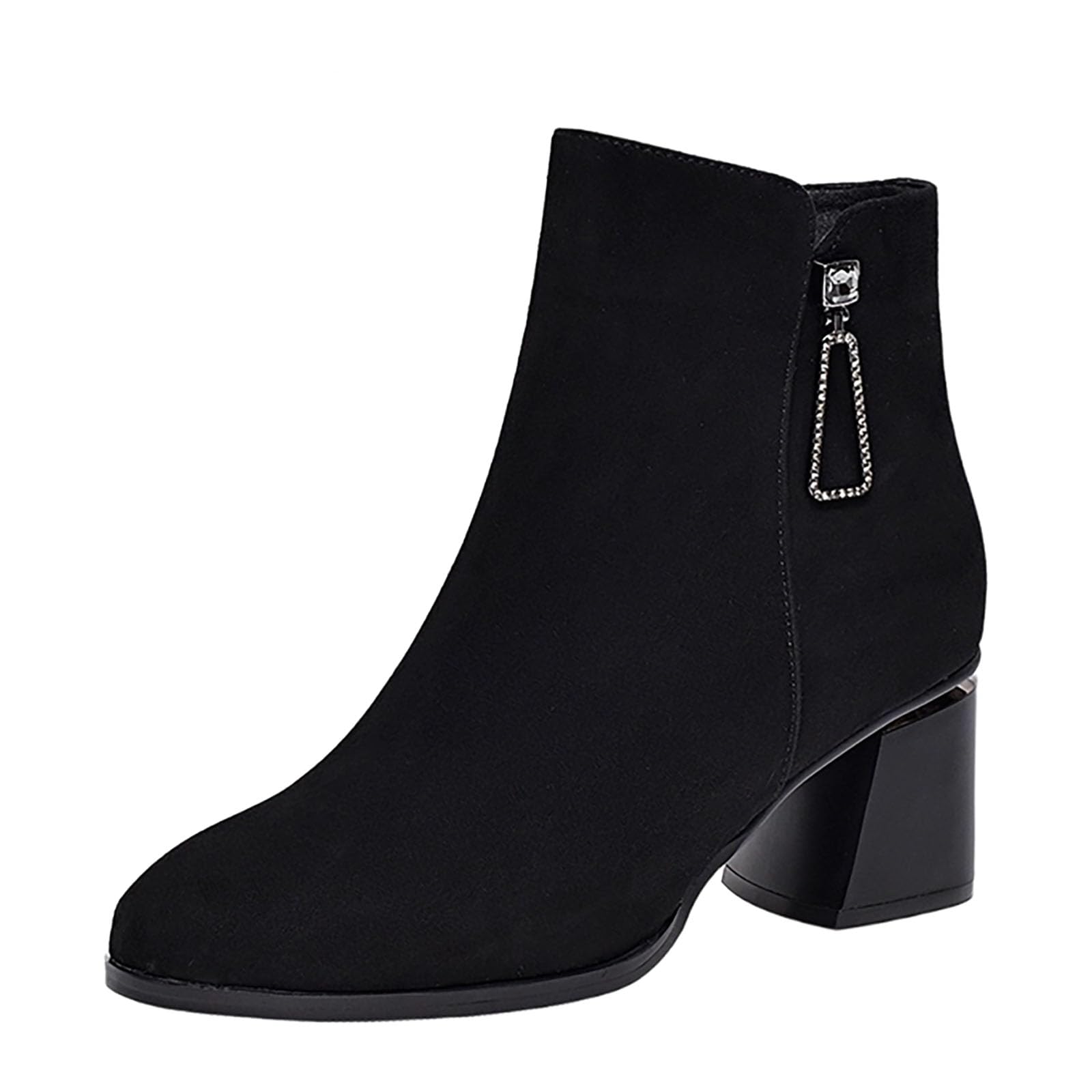 Womens Suede Warm Plush Lined Chunky Ankle Boots With Rhinestone Side Zippers 1 96-Inch Comfortable Pointed Toe V-Cut