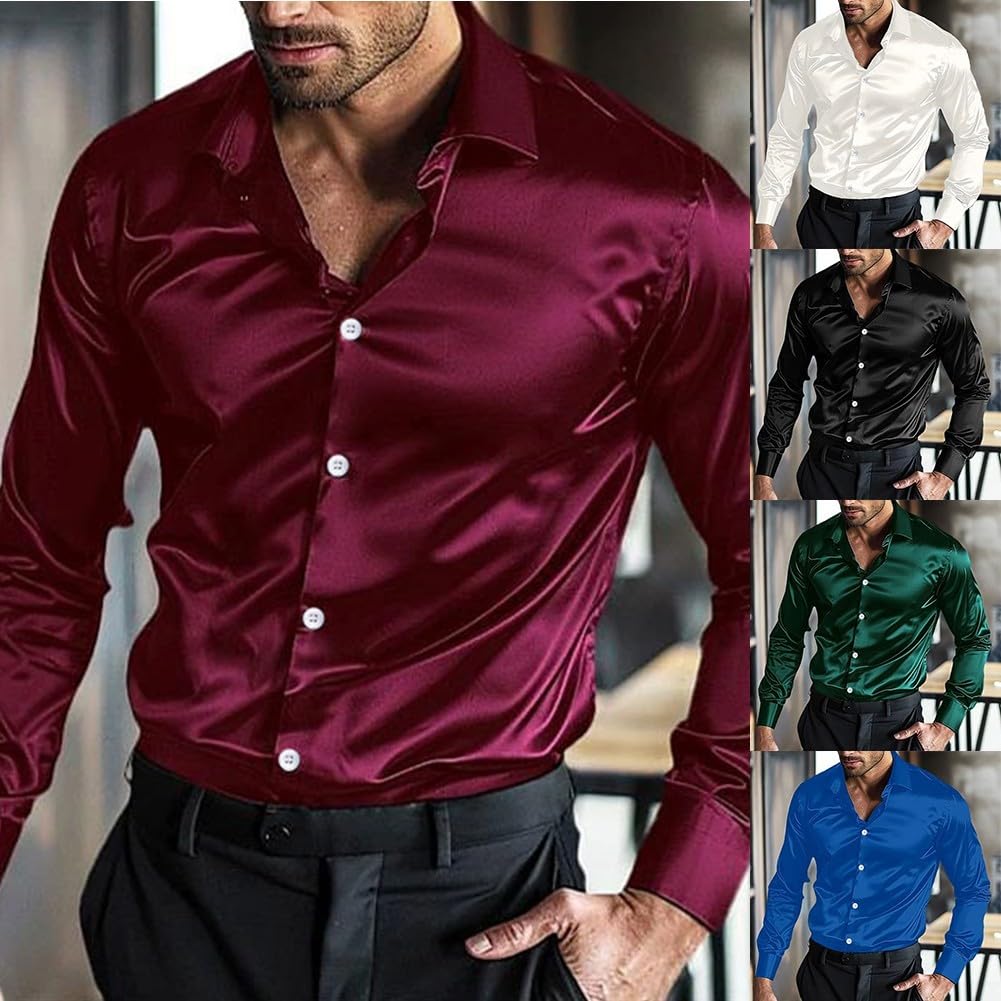 SPORTARC Camicia da uomo in raso di seta, a maniche lunghe, casual, per matrimoni, feste e discoteche