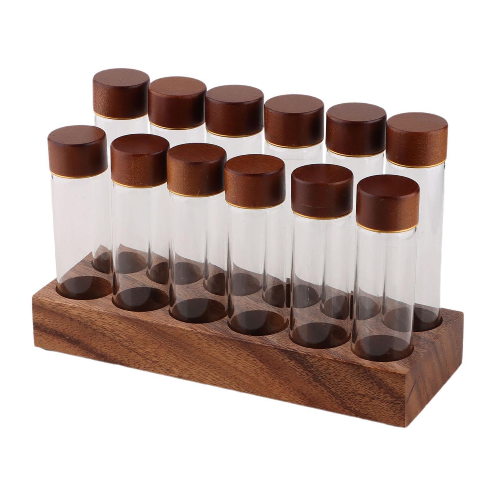 TWISAXC Coffee Bean Storage Tubes Airtight Glass Containers Multifunctional Sealed Jars With Wooden Display Shelf Dose Coffee Bean Storage Tubes Container, Brown, 12 Holes