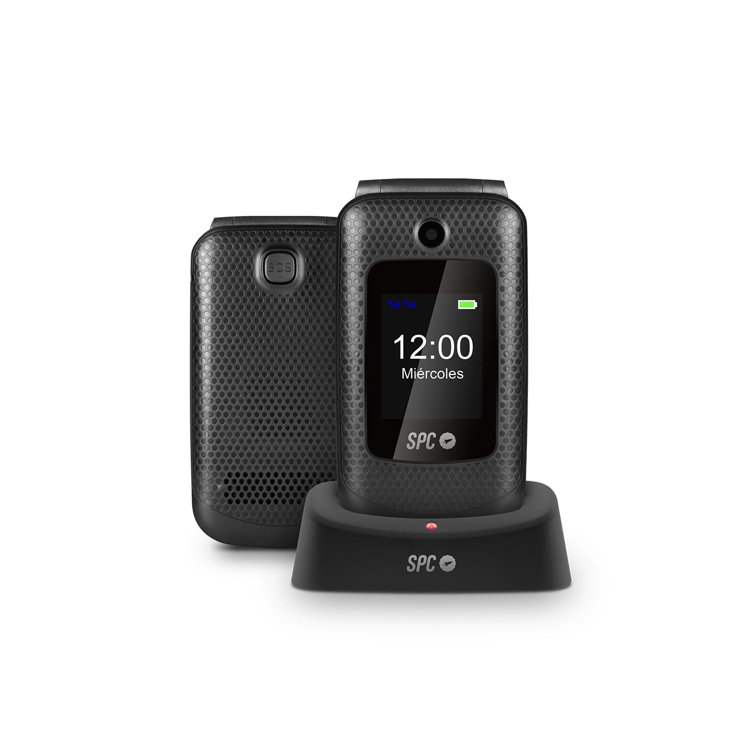SPC Magnus - Teléfono móvil de Tapa para Mayores con Teclas Grandes, configuración remota, Compatible con audífonos, Timbre Gran Volumen, Doble Pantalla, botón SOS, Base de Carga, sin Cargador- Negro
