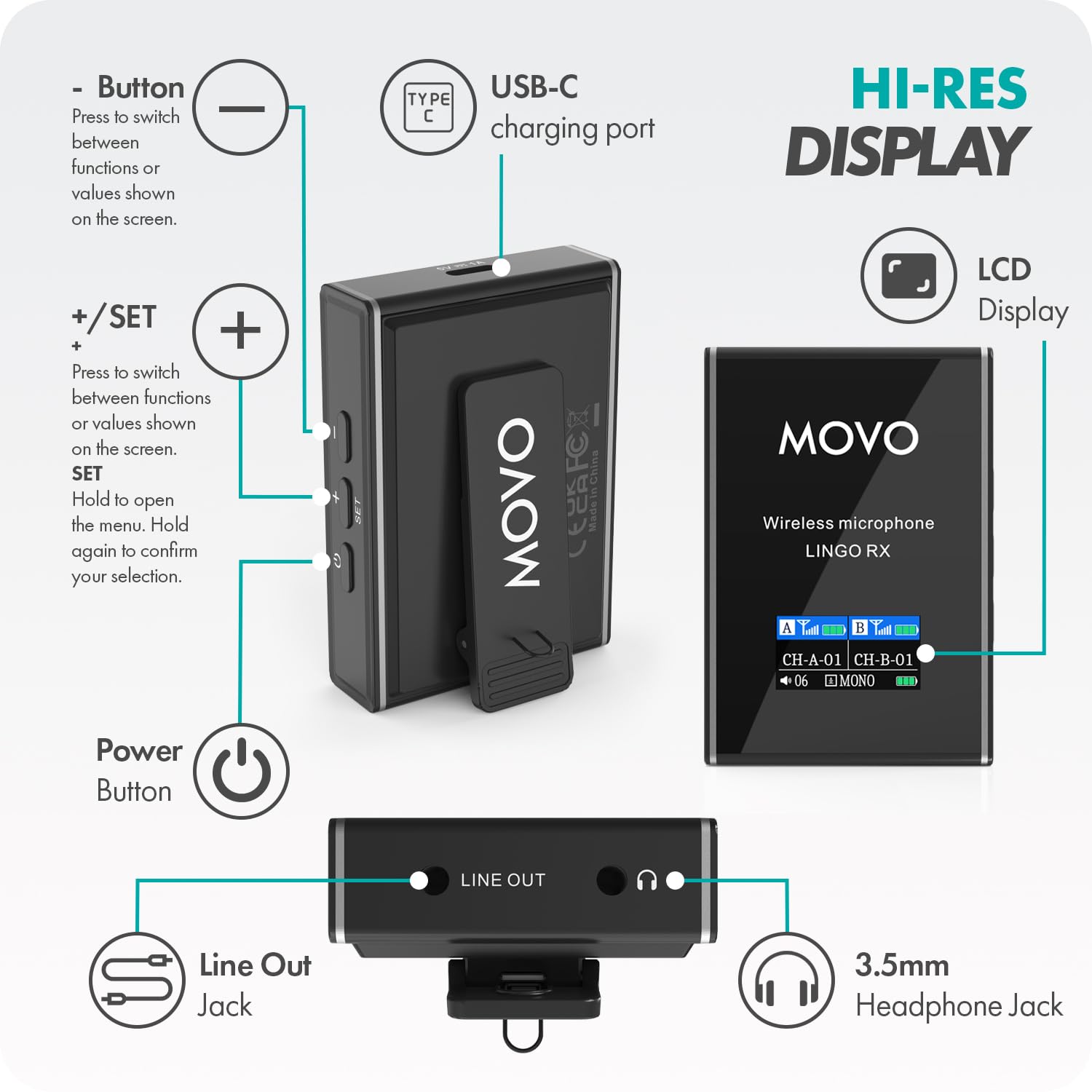 Movo Lingo-Duo - Sistema microfono lavalier wireless UHF a 48 canali per fotocamera, compatibile con fotocamere DSLR Canon EOS, Nikon e Sony, per filmmaking, vlogging, interviste, creazione di