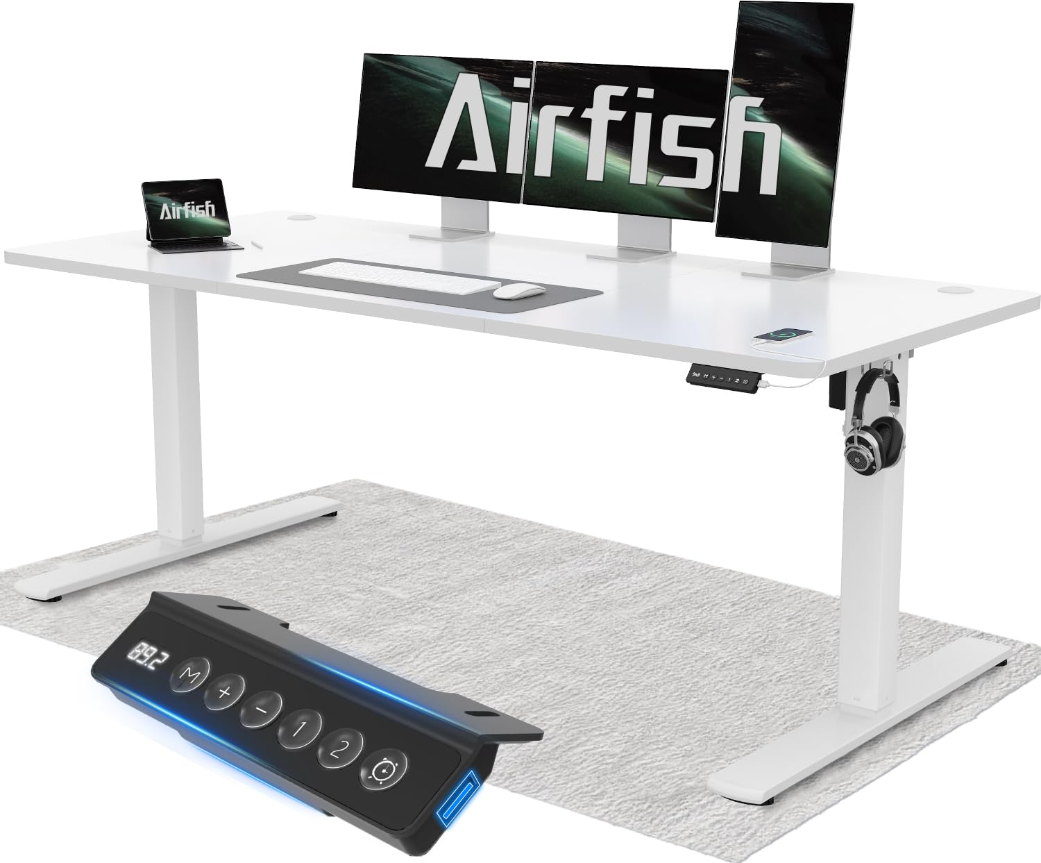 Airfish Höhenverstellbarer Schreibtisch 120x60cm mit USB-Buchse, Schreibtisch Höhenverstellbar Elektrisch mit Memory Funktion, 73-118cm, Weiß