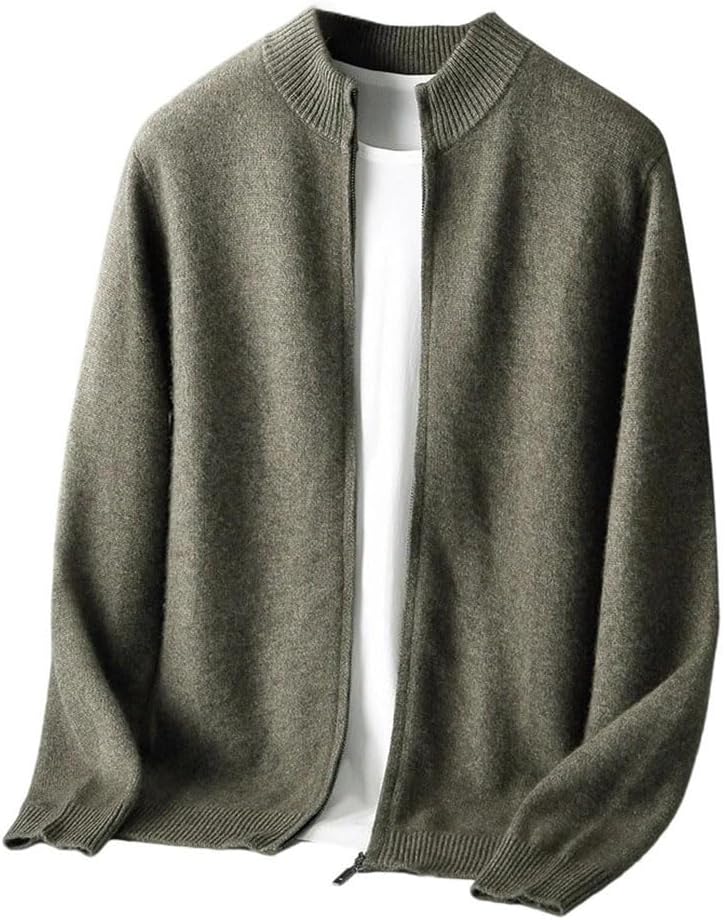 Men's Winter Wool Cardigan Zipper Mock Neck Long Sleeve Cashmere Sweater 100 Percent Merino Wool Thick Soft