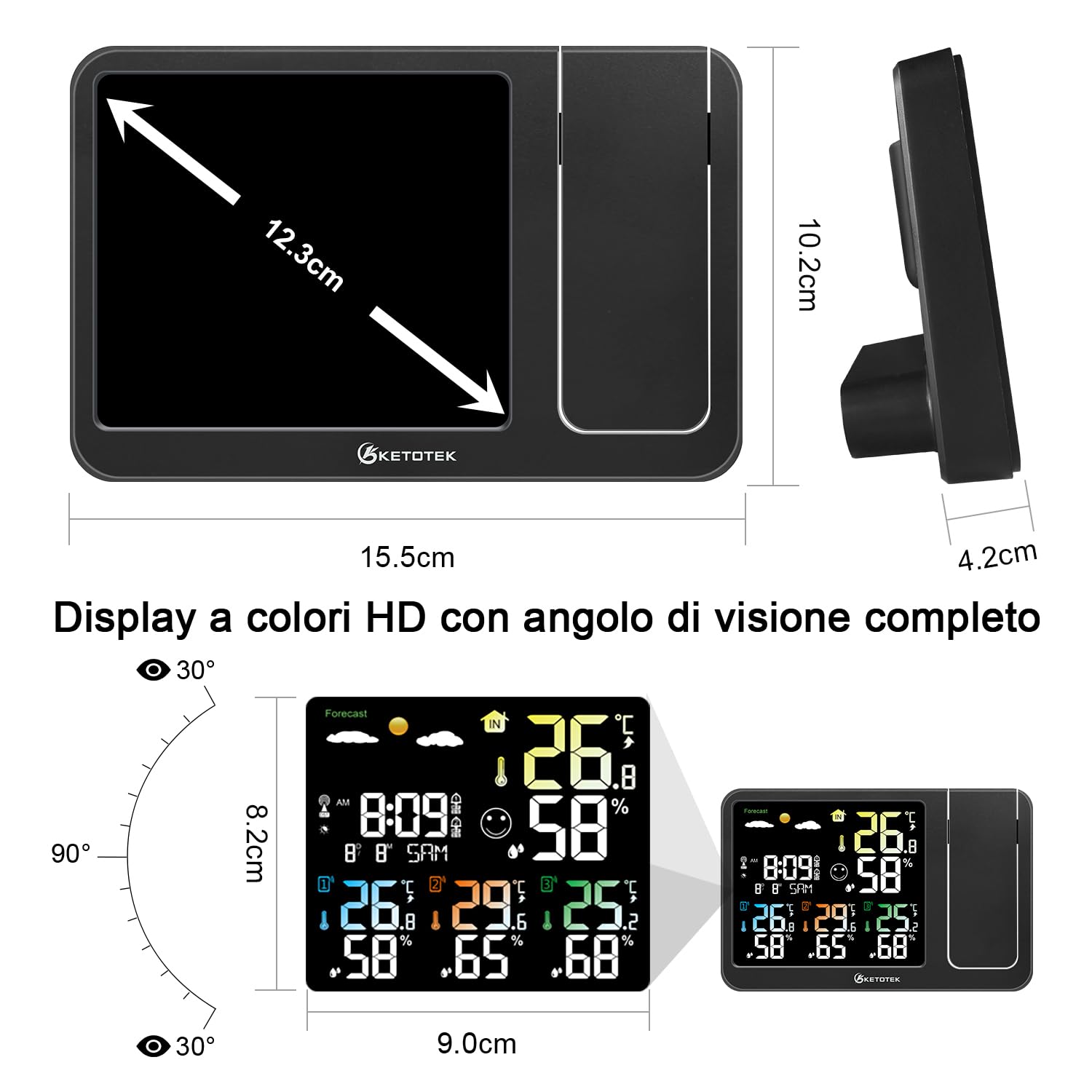 KETOTEK Sveglia Radio Digitale con Proiezione, Stazione Meteo Wireless, Termometro per Interni ed Esterni, Igrometro, Monitoraggio di Temperatura e Umidità, Previsioni Meteo con 3 Sensori Remoti