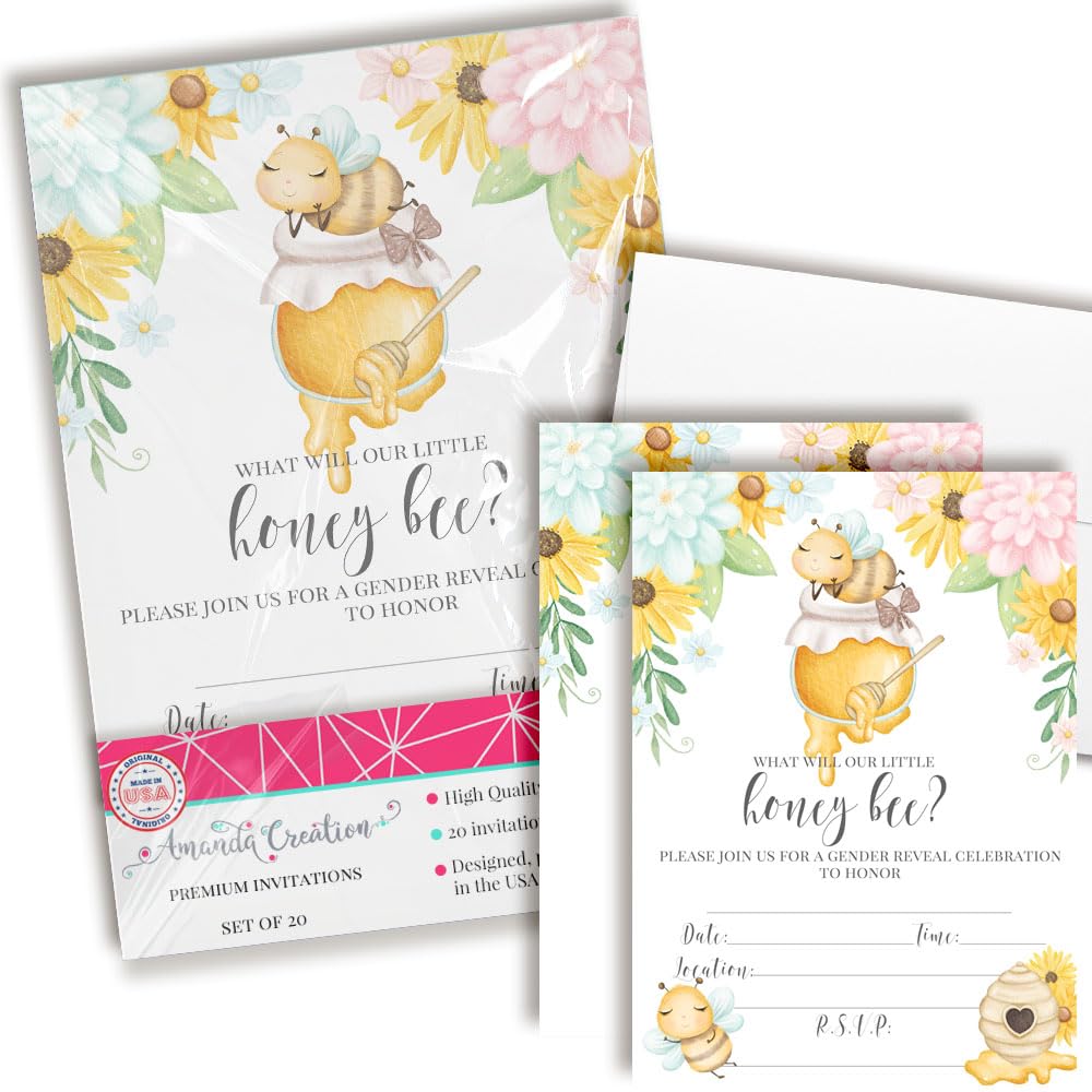 Honey Bee Gender Reveal Invitations - 20 Fill In Baby Shower Cards with Envelopes - Cute Floral Bee Themed Gender Reveal Invites by AmandaCreation