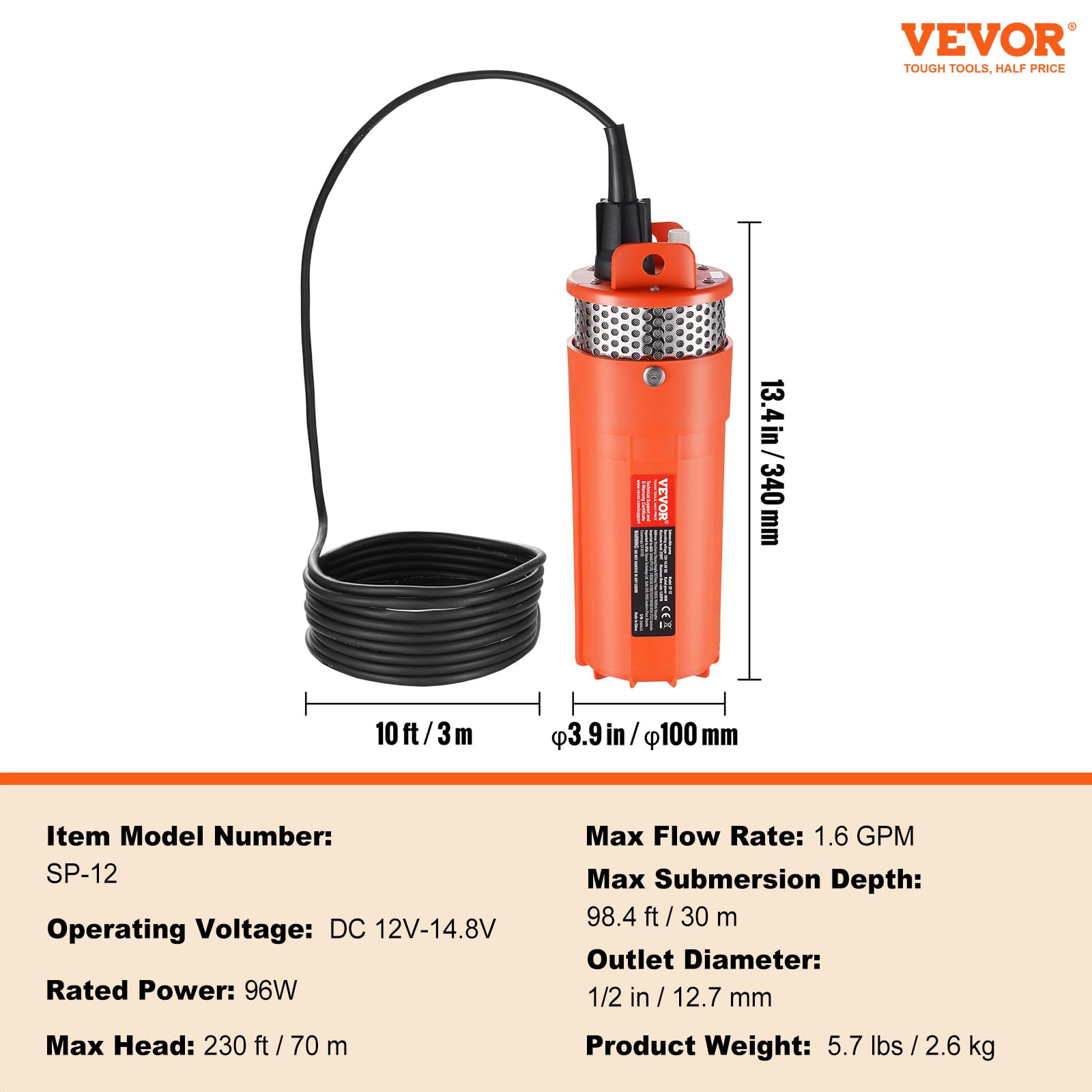 VEVOR Bomba de Agua Solar de 96 W para Pozo Profundo Sumergible, Altura Máxima 70 m, Inmersión Máxima 30 m, Bomba de Agua con Energía Solar para pozo, Riego de Rancho Agrícola, Bebida de Ganado