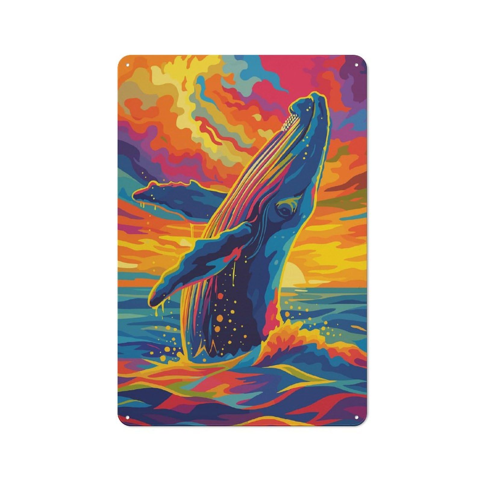 Metal Wall Art Sign with Colorful Whale Breaching at Sunset Design 30x20cm, Urban Industrial Wall Decor for Workspace, Cafe, Hallway Or Garage