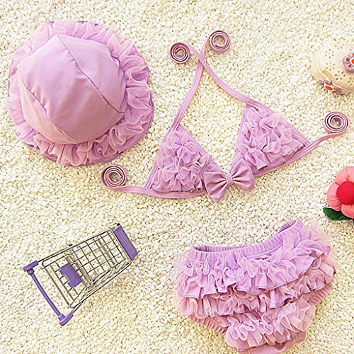 KAGAYD Baby Girls Toddler Kids 3-Pieces Lace Tutu Swimskirt Swimsuits Bikini Set with Hat (Purple, 2-3 Years)2