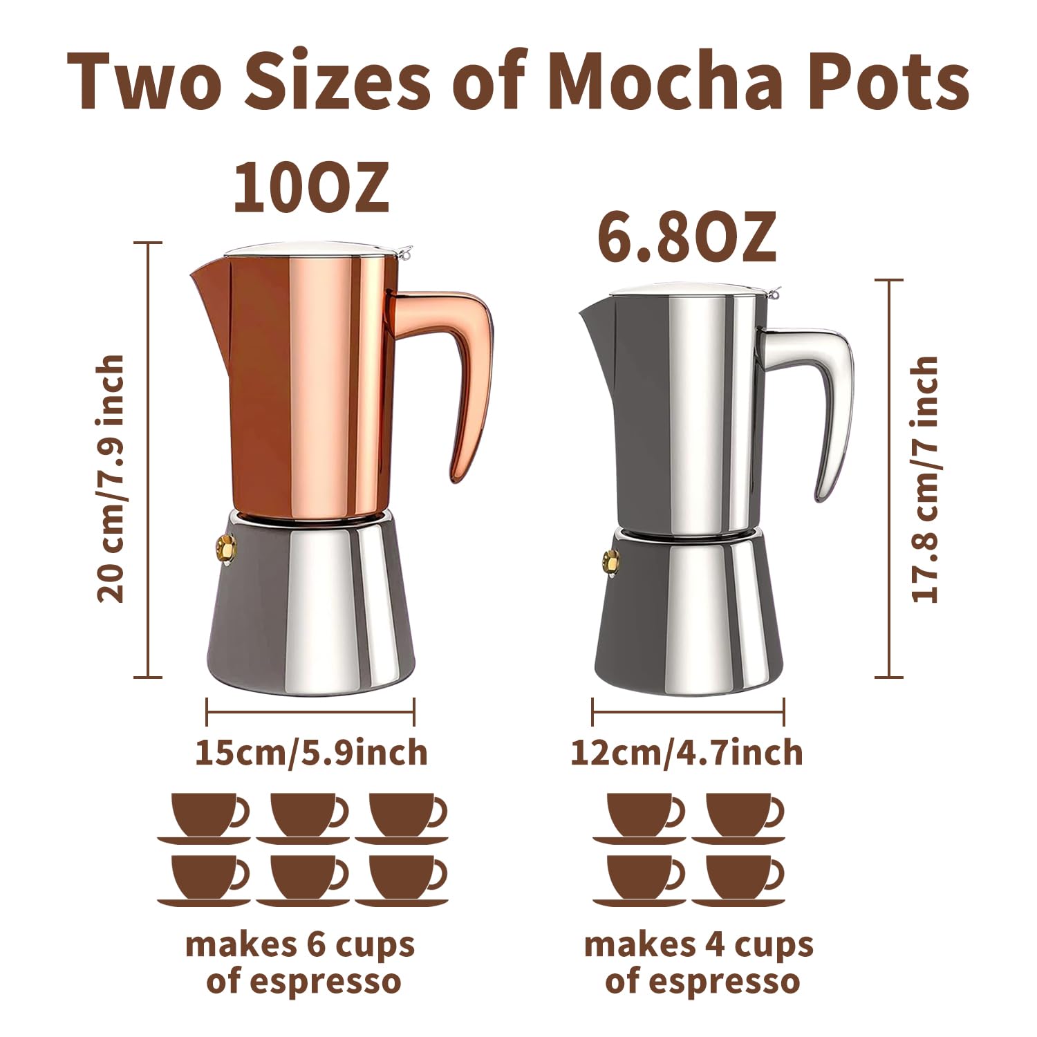 Cafetera italiana para café expreso, cafetera espresso de acero inoxidable para camping o uso doméstico, olla Moka de inducción, 6 tazas (10 onzas/300 ml), color marrón