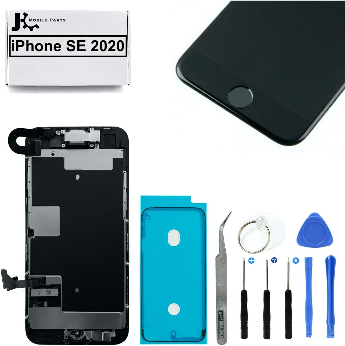 Full Screen Replacement LCD 3D Touch Assembly Front Camera Ear Speaker Home Button with Frame Adhesive and Repair Tools for iPhone SE 2020 (2nd Gen) 4.7 inch