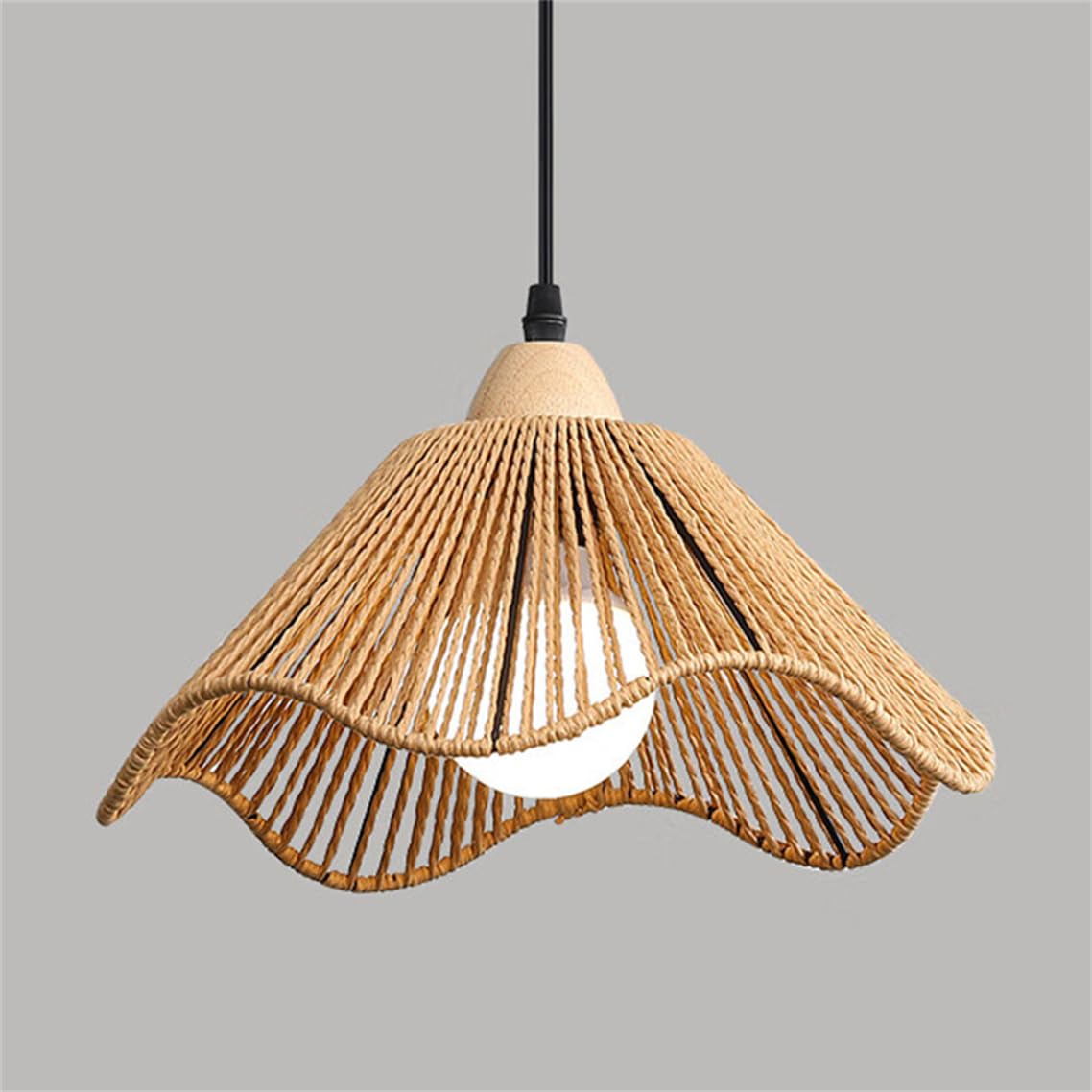 LQZCXMF Japanese Hemp Rope Pendant Light, 11.8" Farmhouse Rustic Chandelier with Oak Accent Hand-Woven Boho Pendant Lamp Fixtures for Dining Room, Living Room, Entryway, Foyer 1-Pack