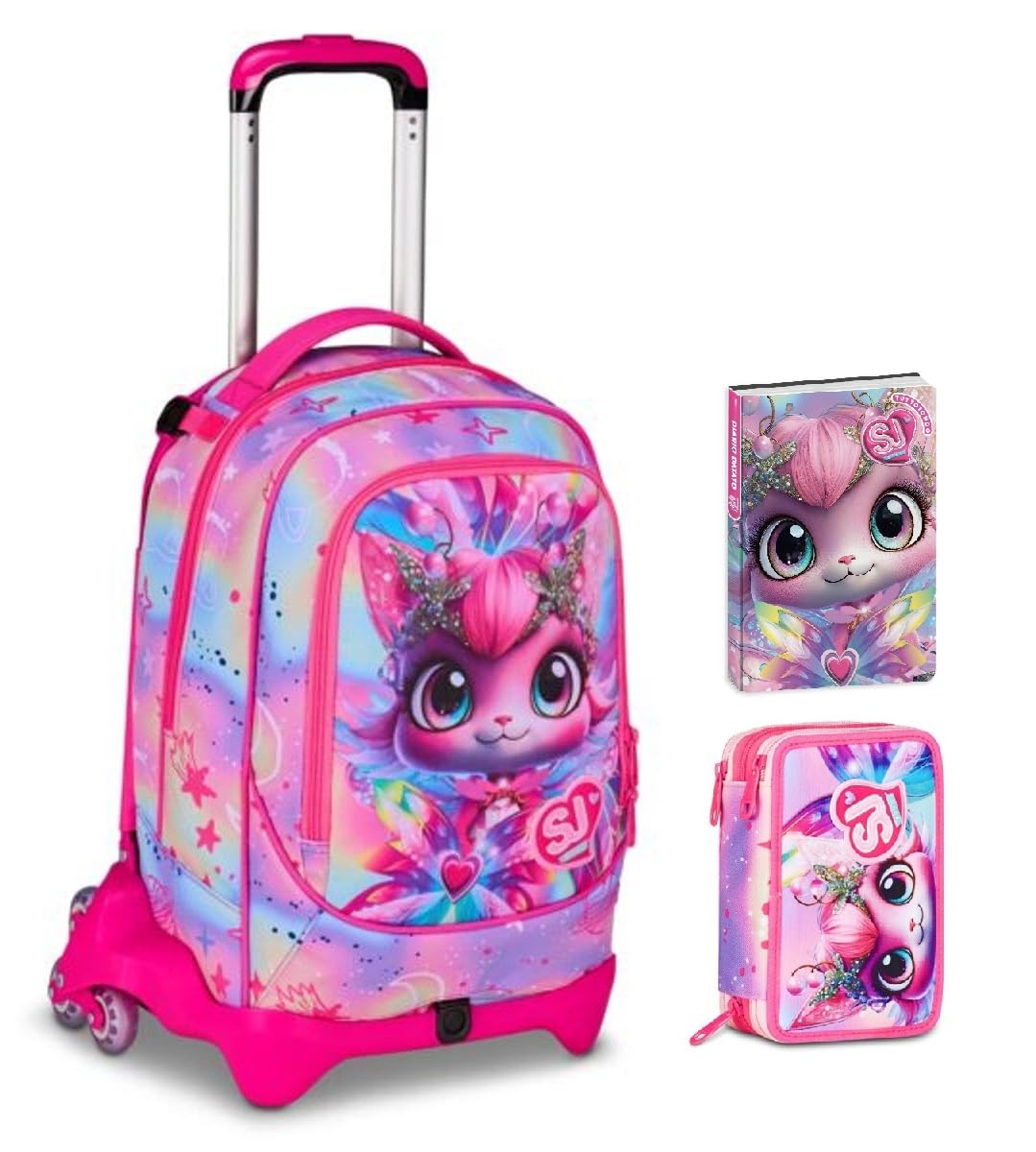 Trolley Scuola Jack 3 Ruote staccabile Cat Led Gattino Tigrotto, 3 in 1 per Scuola Elementare Bambina + Astuccio 3 zip con cancelleria + Diario 2025/2026 + 7 penne e portachiave pailettes