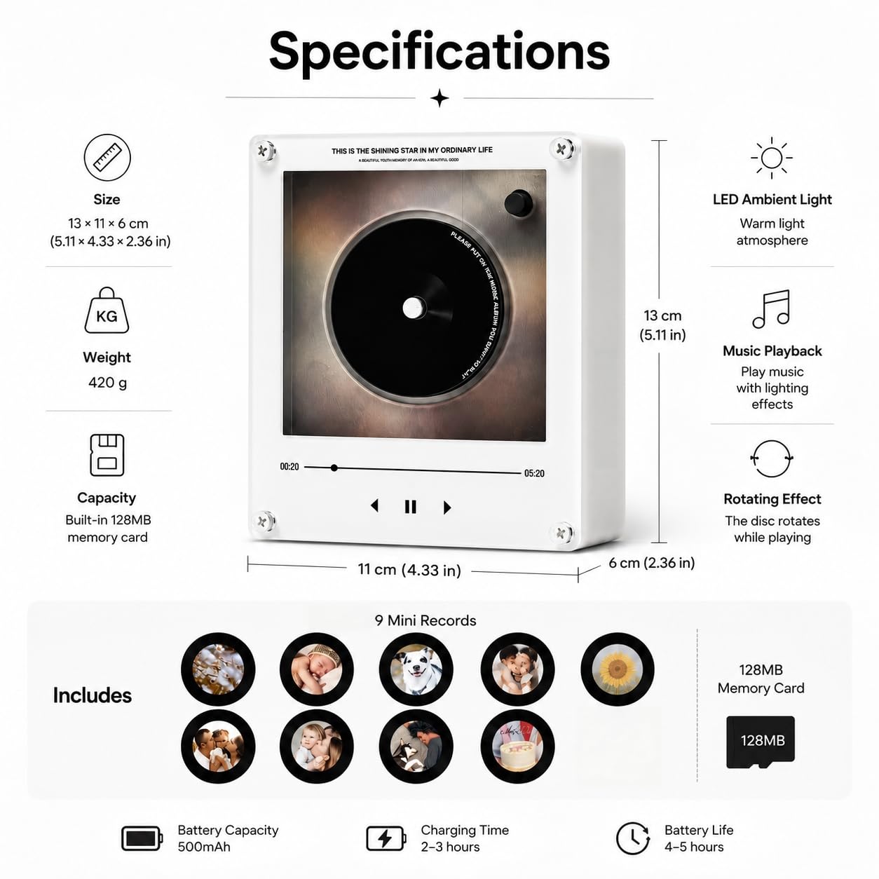 Musik Kühlschrankmagnet mit 9 Vinyl Schallplatten, Fotomagnet mit LED Licht