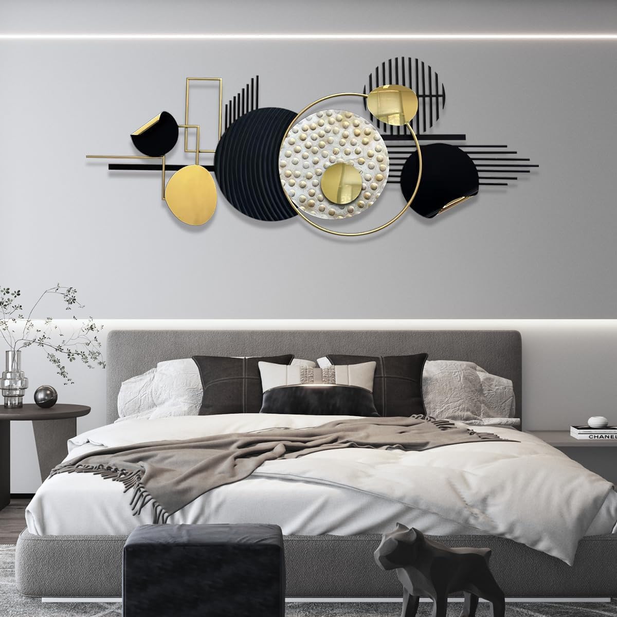 Arte de pared de metal grande en 3D, negro y dorado, decoración pared metal bohemio, esculturas pared metal circulares geométricas creativas modernas, decoración abstracta para el hogar,150 x 60 cm