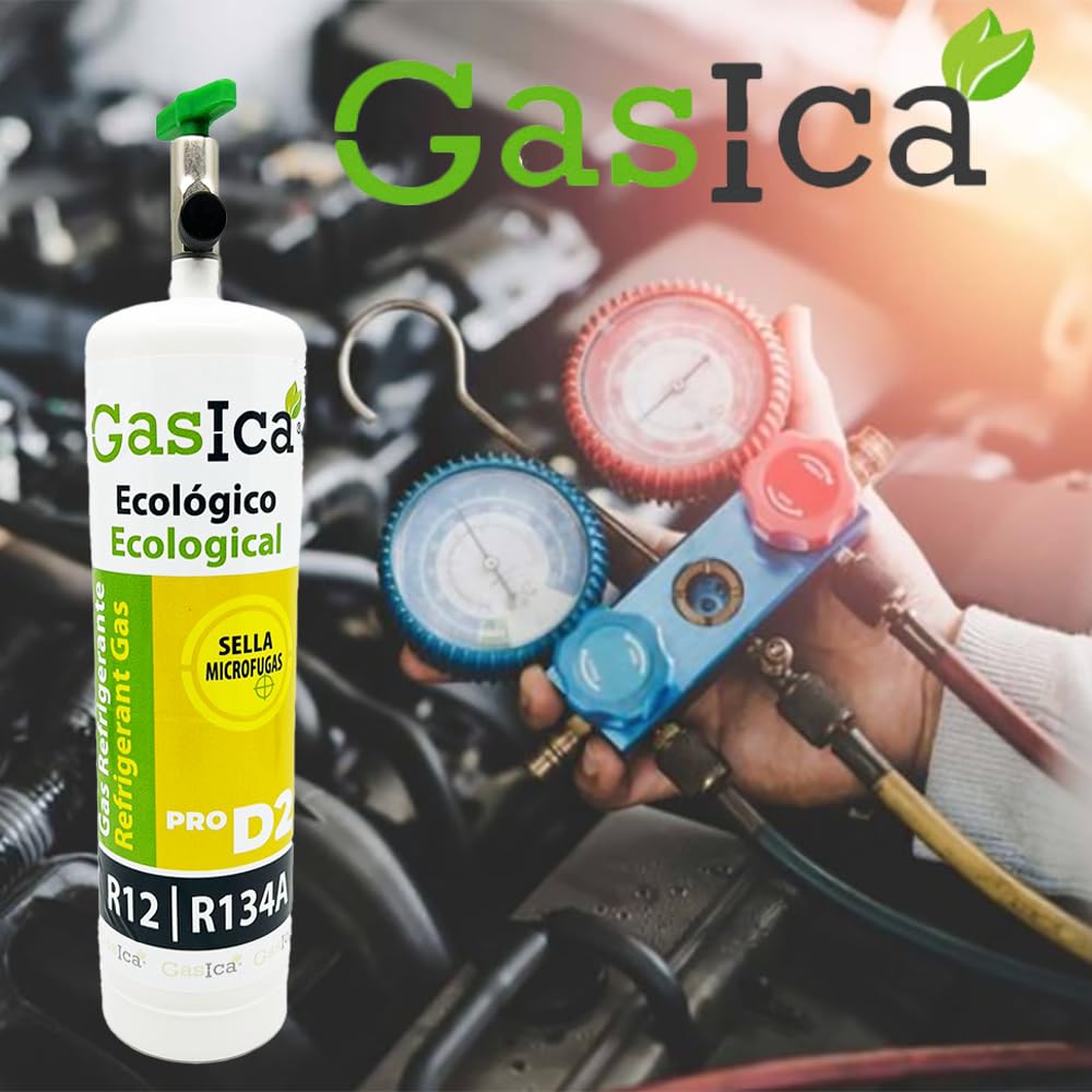 Gas Refrigerante Ecológico Orgánico GASICA D2 PRO Compatible con R134A y R12 – Pack de 3 Envases (Equivalente a 900 g) con Válvula Incluida