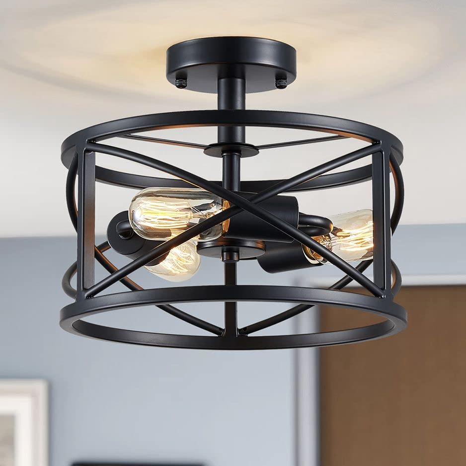 WUZUPS Chandelier 3-Light Vintage Farmhouse Industrial Semi-Flush Mount Ceiling Light Modern Lighting Fixture for Foyer Bedroom Hallway Storage Room Kitchen Bathroom, H 30 x W 24, E27 Base, Black — image 1
