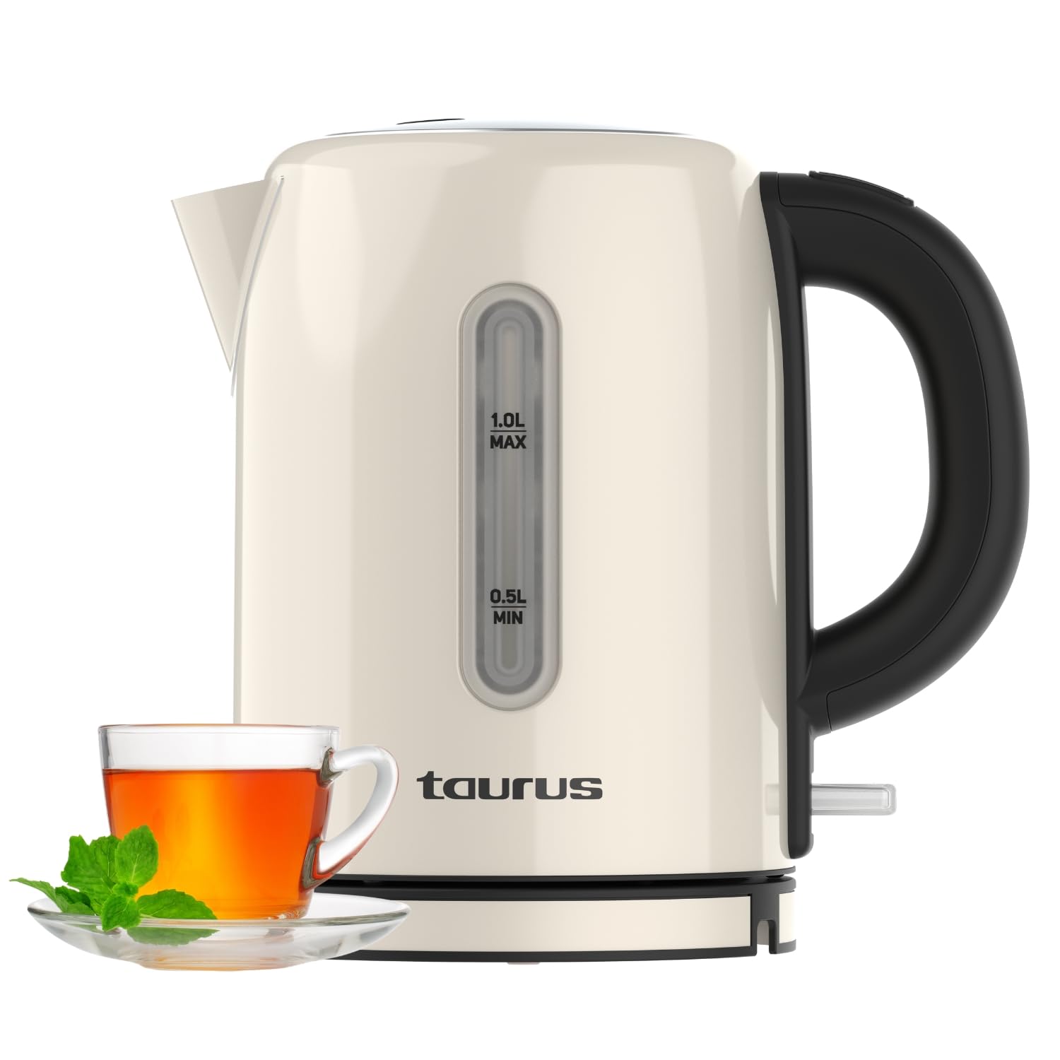 Taurus – Hervidor de Agua Eléctrico Vintage Compact Cream, 2400W, 1L, Ebullición Rápida, Base 360º, Apagado Automático, Filtro Extraíble, Libre BPA, Visor Nivel Agua, Medidor Tazas, LED, INOX, Crema