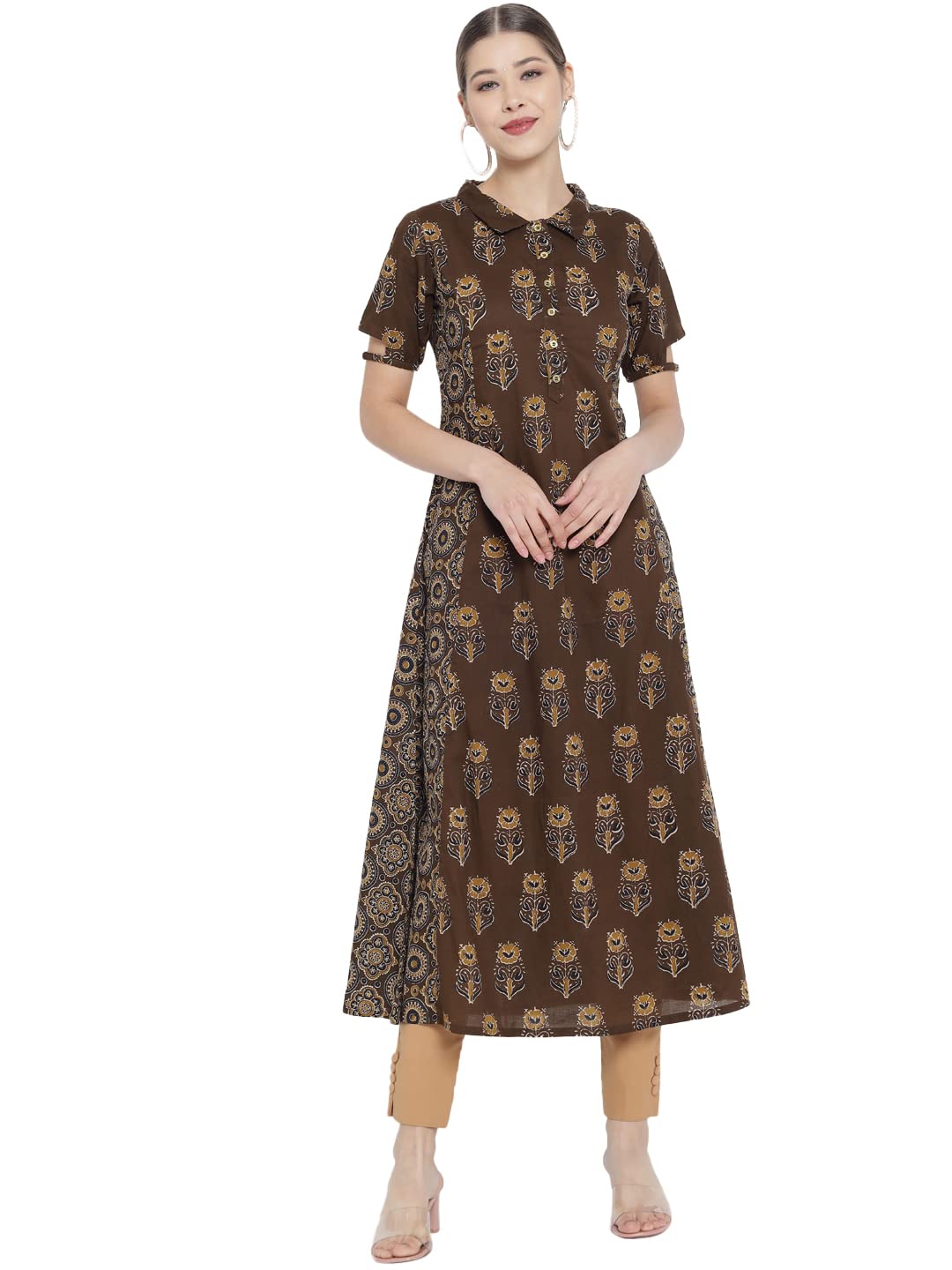 Yash Gallery Women's Cotton Floral Printed A-Line Regular Fit Kurta For Women (1389YKBROWN_Brown_X-Large)